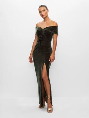 Velvet Sweetheart Off-Shoulder Strapless Gown in Olive Green size 10